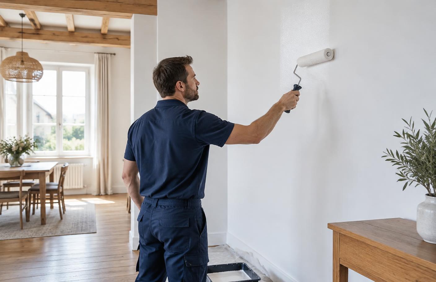 Artisan peintre rénovant un intérieur lumineux